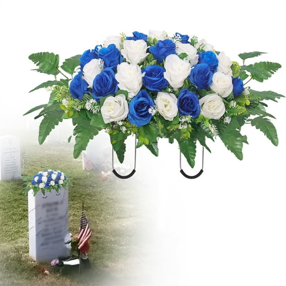 XJGHHSY 1 Pcs Artificial Cemetery Flower Saddles, Rose Headstone Flower Saddle,Cemetery Memorial Flowers for Outdoor Grave tombstone Decorations,Blue
