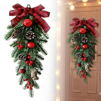 XJGHHSY 1 Pcs Artificial Christmas Swag 19.7 inch Christmas Teardrop Door Swag with Pinecones Red Berries Ribbon Bow Flocked Greenery Pine Needles Wreath for Holiday Wall Lintel Festival Decor,Green