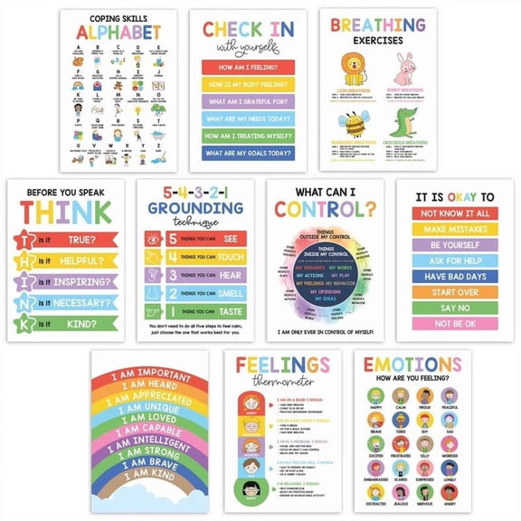 XJGHHSY 16 Pcs Calming Corner Classroom Posters, Mental Health Posters therapy office Decor ,Calm Down Corner Coping Skills Wall Art for Classroom Preschool Homeschool Decoration, Feelings,Multicolor