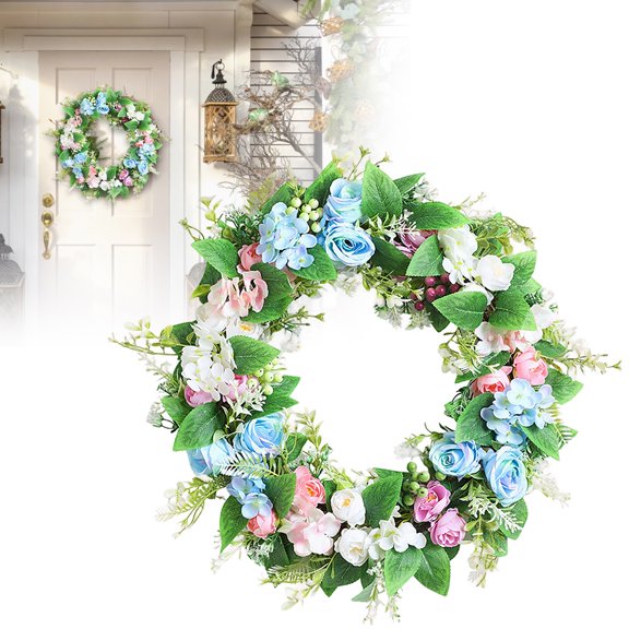 XJGHHSY 18 inch Spring Wreaths for Front Door,Spring Wreath,Blue Hydrangea Wreath,Large Spring Summer Door Wreaths for Front Door Outside All Season Home Decor,Green