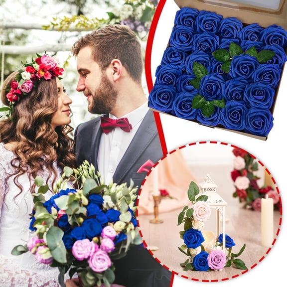 XJGHHSY 25 Pcs Artificial Flowers Blue Pink Roses Real Looking Foam Fake Roses with Leaves and for Valentine DIY Wedding Bouquets Bridal Shower Centerpieces Party Decorations,Blue Pink