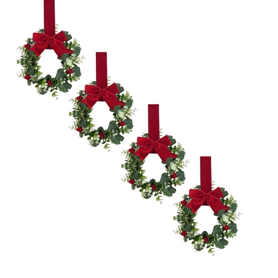 XJGHHSY 4 Pcs 10.6" Mini Eucalyptus Wreath with Buffalo Plaid Bow,Small Greenery Wreath for Cabinet,Candle Holder & Farmhouse Decor,Rose Red
