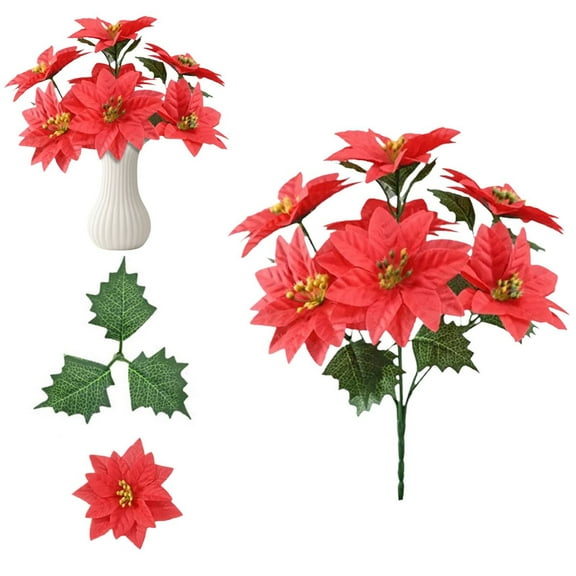 XJGHHSY Artificial Poinsettia Bouquet 12" Poinsettia Bush Christmas Flowers Holly Stems, Holly Leaves for Home Porch Garden Indoor Outdoor Holiday Xmas Decorations,Light Red