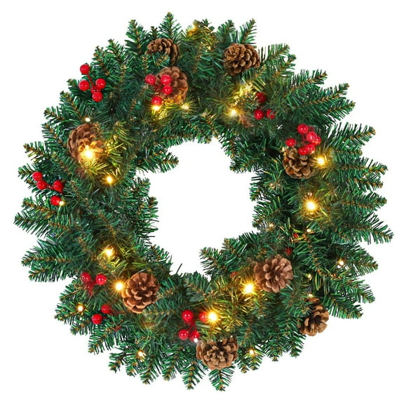 XJGHHSY Christmas Wreath with Lights 12 inch Real Touch Pine Wreath with Red Berries/Pine Cone Prelit Christmas Wreaths for Front Door Outdoor Christmas Decorations Winter Wreath,Green