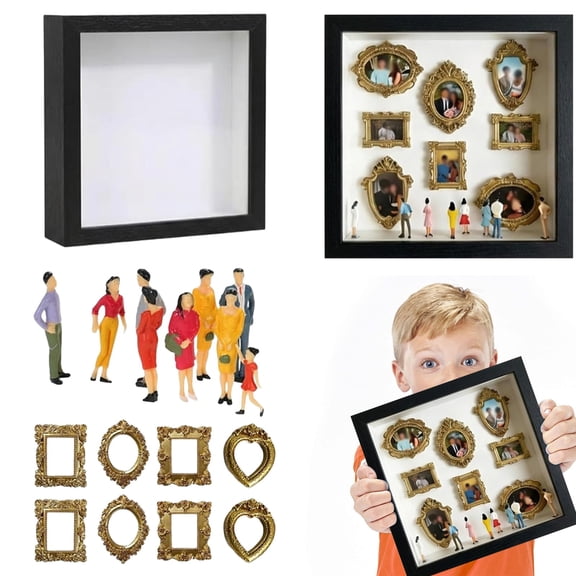 XJGHHSY DIY Mini Museum & Shadow Box Frame Kit - Personalized Memory Display Case with Gold Mini Frames,Figurines and Light,Celebrate Unique Memories for Anniversary,Wedding,Home Decor Gift,Black