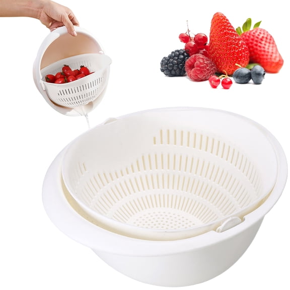 XJGHHSY Double-Layer Colander Bowl Set - Drain & Rinse Basket with Inner Strainer – Kitchen Sink Food Washing Bowl for Fruits, Vegetables, Pasta,White