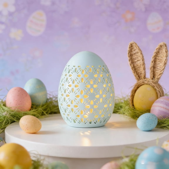 XJGHHSY Easter Decorations Ceramic Lighted Easter Egg Farmhouse Rustic Hollow Eggs Tabletop Statue for Holiday Table Decor without Batteries,Beige