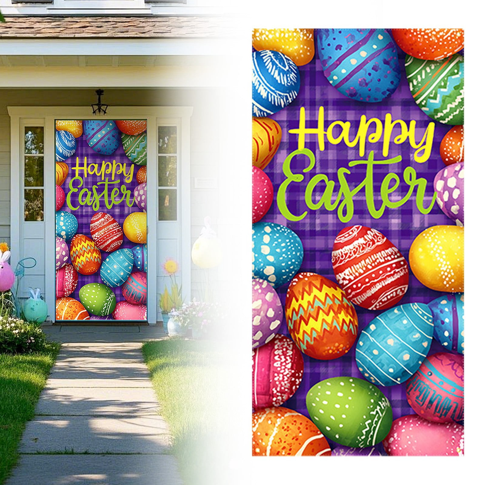 XJGHHSY Happy Easter Door Cover Courful Eggs Banner Large Fabric ...