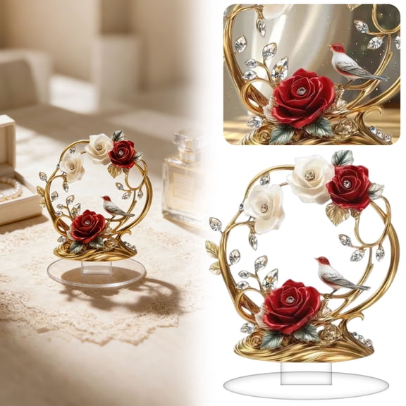 XJGHHSY Rose Flower ornament Acrylic DIY Crafts Valentine Mothers Day 2D Flat Rose Wreath Tabletop Present Bird Pattern Desktop ornament for Home Decoration Gifts,White