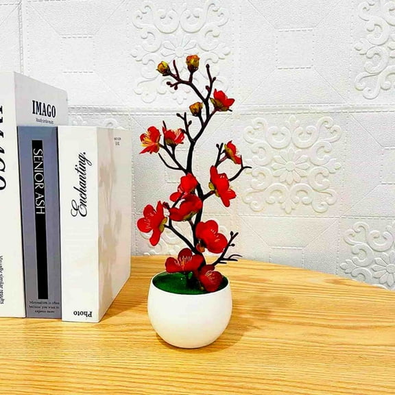 XJGHHSY Simulated Plum Blossom Decor Artificial Potted Flower Faux Bonsai Tabletop ornament for Home office 4.3 inch Compact Size,Red