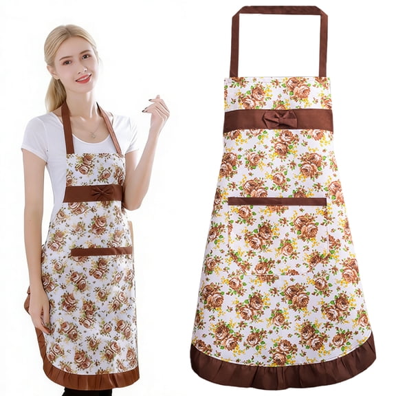 XJGHHSY Vintage Rose Flower Pattern Floral Aprons Soft Adjustable Kitchen Cooking Aprons for Women Dinner Baking Gift,Coffee