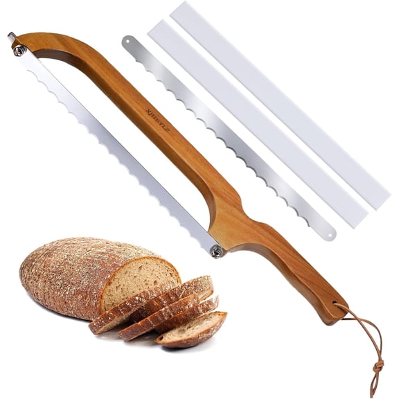 Sourdough bread knife,Bread Slicer for Homemade Bread,Adjustable blade tightness for Even Slicing, Serrated knife,Wooden Bread cutter with Bow Design (3, Red-brown color)
