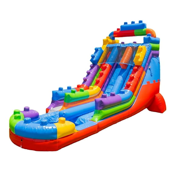 XJUMP Block Party 19' Dual Lane Side Loader Water Slide with Pool, for Kids and Adults, Commercial Grade PVC Vinyl, Outdoor Backyard Fun, Blow Up Water Park, (Blower Included)