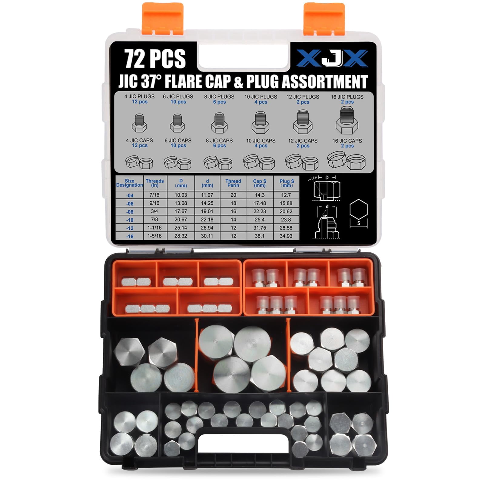 XJX 72-Piece JIC 37° Cap and Plug Kit, Hydraulic Hose Caps and Plugs ...