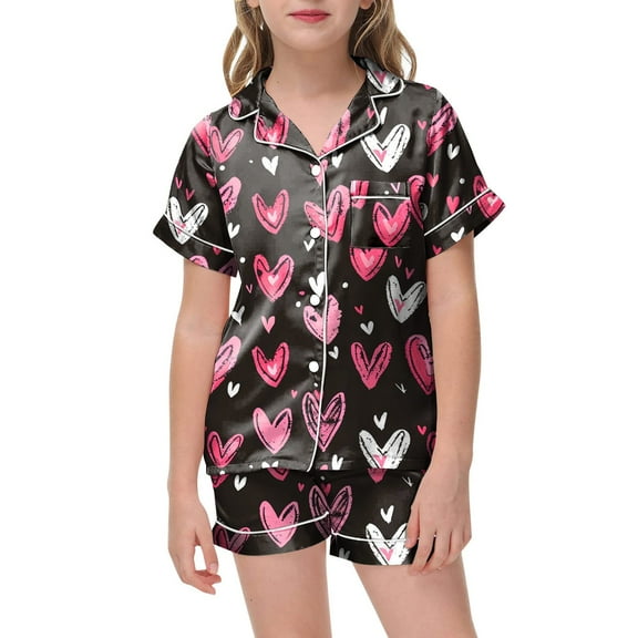 XJZMD 2 Piece Sets Pajamas For Kids Children Graphic Print Short Sleeve Button Shirt Shorts Pajama Set Girls Outfits Set 8 Years-9 Years