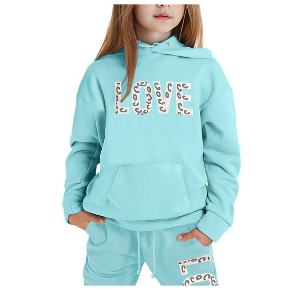 XJZMD Children's Fashion Casual Printed Long Sleeved Hooded Top Hoodie Pants Suit Kids Casual Cute And Comfortable Spring Summer Clothes Girls Outfits Set 8 Years-9 Years