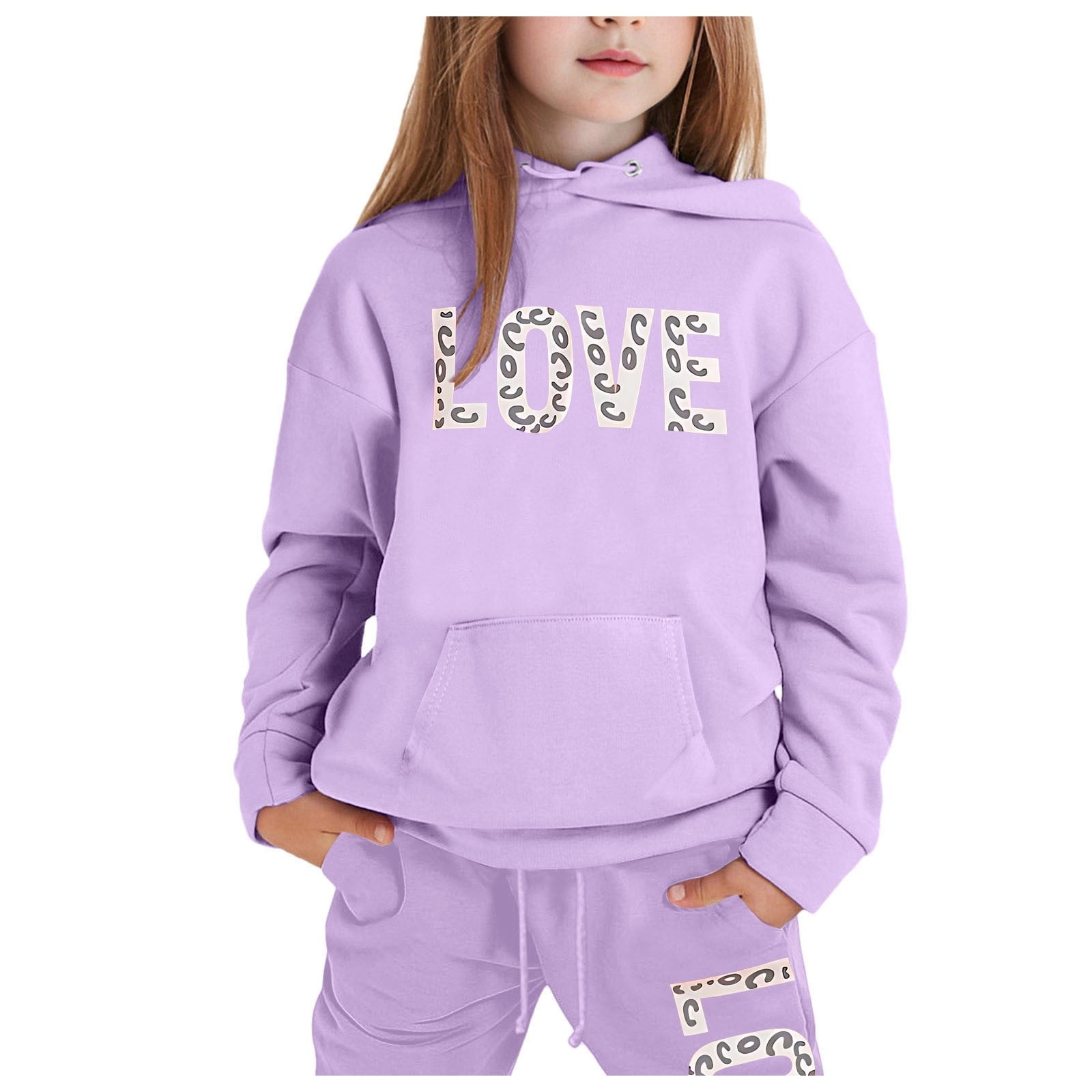 Children's Fashion Casual Printed Long Sleeved Hooded Top Hoodie Pants Suit Kids Casual Cute And Comfortable Spring Summer Clothes Girls Outfits Set 10 Years-11 Years
