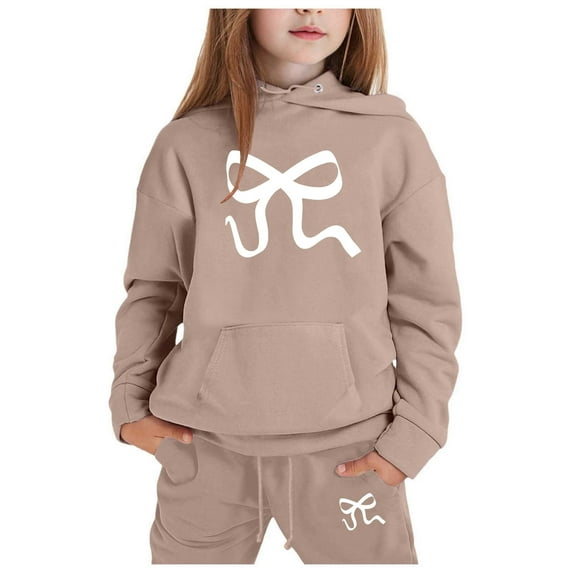 XJZMD Children's Hoodie Set With Bow Print Kids Casual Cute And Comfortable Spring Summer Clothes Girls Outfits Set 4 Years-5 Years