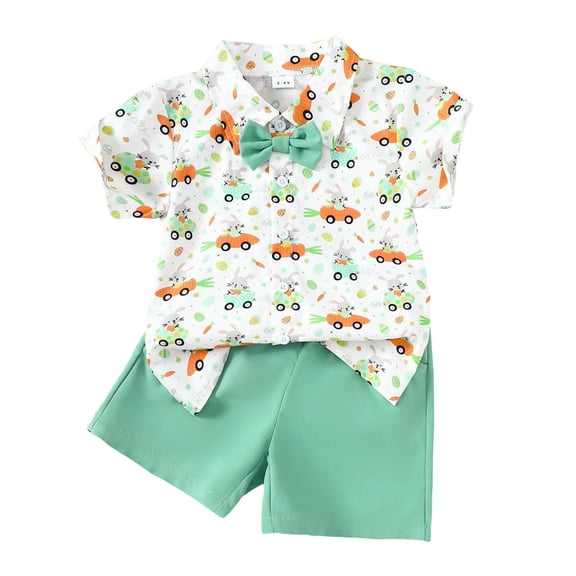 XJZMD Toddler Boys Girls Short Sleeve Easter Rabbit Prints T Shirt Tops Shorts Gentleman Outfits Boys Outfits Set 2 Years-3 Years