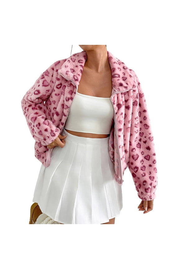 Valentine's Day Plus Size Coat Cozy Leopard Print Jacket For Fall Winter With Heart Design Long Sleeve Outerwear For Valentine's Day