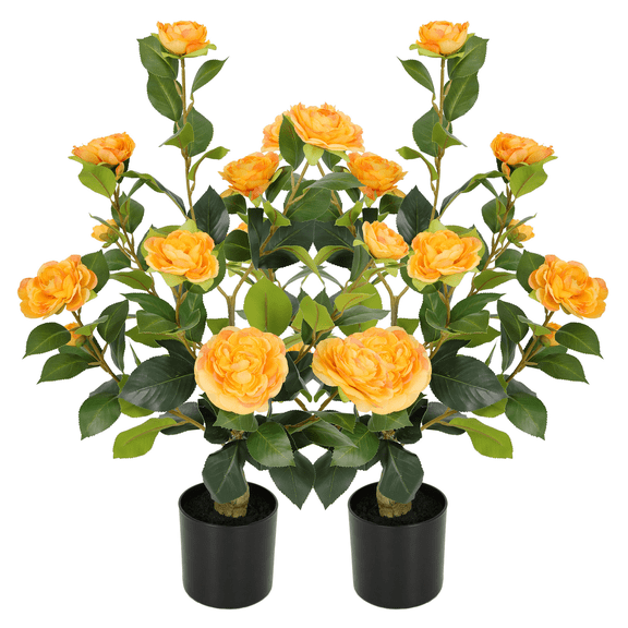 RosyHaven Full 2ft Artificial Camellia Tree with Realistic Orange Camellia Flowers, 24"Fake Camellia Tree, Faux Camellia Tree outdoor for Front Door Porch Patio Garden Yard Pool Room Decor,2Pack