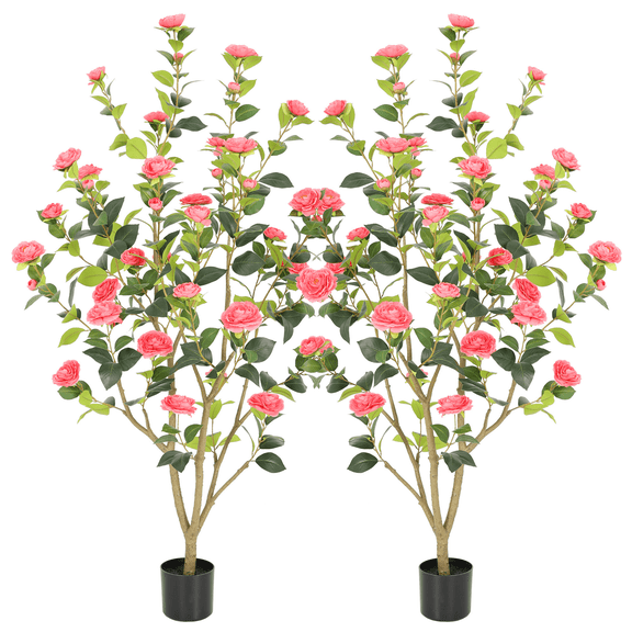 RosyHaven Full 5ft Artificial Camellia Tree with Realistic Pink Camellia Flowers, 60"Fake Camellia Tree, Faux Camellia Tree outdoor for Front Door Porch Patio Garden Yard Pool Room Decor,2Pack