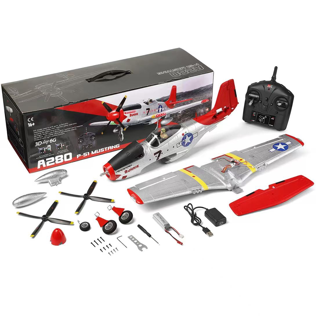 XK A280 3D/6G 2.4GHz 4CH Brushless Scale RC Warbird Airplane, 560mm Wingspan EPP Quick Release Fixed Wing Aircraft with LED Lights for Hobbyists