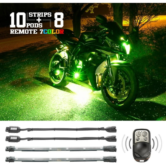 XK Glow Flex Strips 7 Color LED Accent Light Motorcycle/ATV Kit (10xCompact Pods + 8x10In)