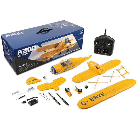 XKA300 Beech D17S RC Biplane Aircraft 2.4GHz 4 Channel Brushless Fixed Wing Airplane With 3D & 6G Flight Modes, 550mm Wingspan And Quick Release Design RTF for Beginners- Yellow / A300
