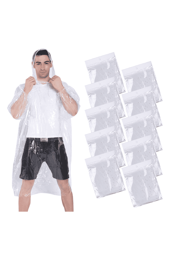 10 Pack Disposable Rain Ponchos for Adults, Ponchos for Rain with Drawstring Hood, Portable Rain Poncho for Women and Men, Clear Travel Rain Poncho for Outdoor, Daily Use