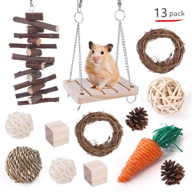 XKDOUS 13Pcs Hamster Toys, Guinea Pig Chew Toys Hamster Cage