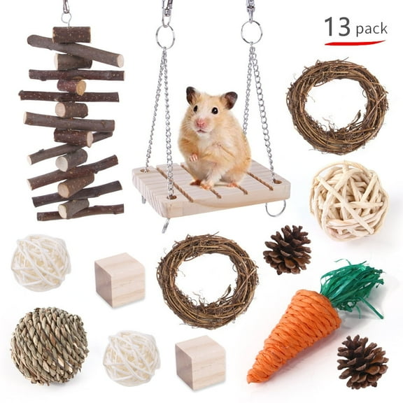 XKDOUS 13Pcs Hamster Toys, Guinea Pig Chew Toys Hamster Cage Accessories, Hamster Wheel Small Animal Molar Chew Toys for Guinea Pigs, Chinchillas, Gerbils, Bunny