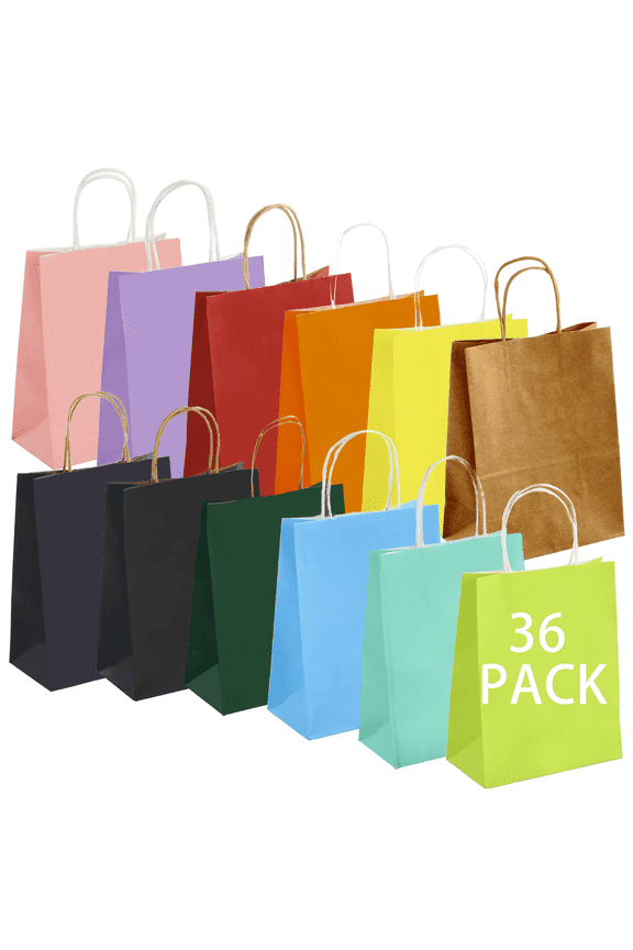 36Pcs Paper Gift Bags Bulk, 10.62"8.26"4.33" Party Bags Kraft Paper Bags, Small Gift Bags Favor Bags with Handles, Rainbow Goodie Bags Crafts Wedding Party Supplies (12 Colors)