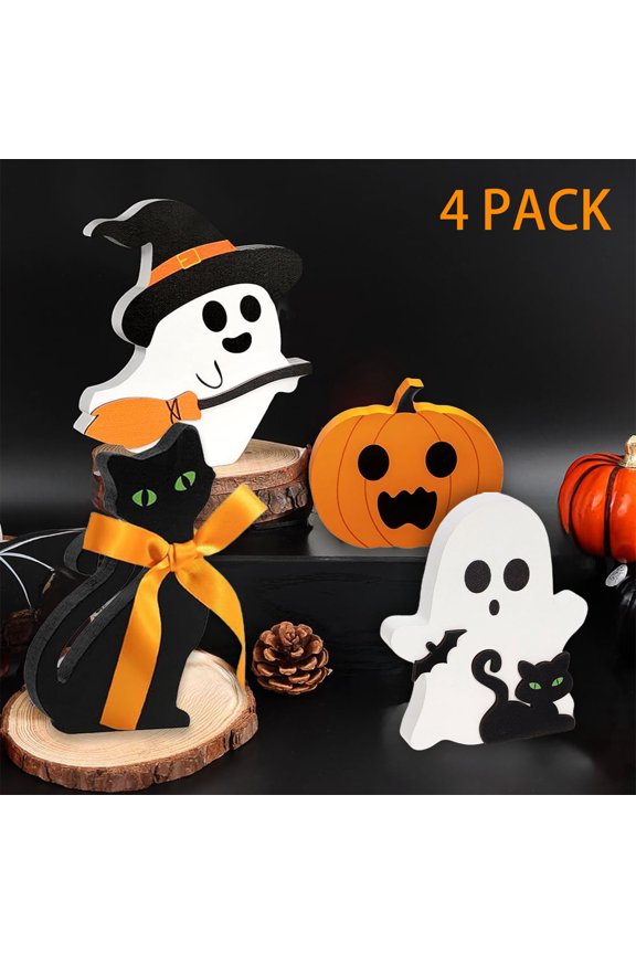 4 PCS Cute Halloween Decorations Indoor, Wooden Tiered Tray Decor, Halloween Table Sign Decorations, Black Cat, Ghost, Pumpkins,Witch for Party Home Decor