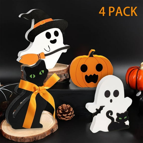XKDOUS 4 PCS Cute Halloween Decorations Indoor, Wooden Tiered Tray Decor, Halloween Table Sign Decorations, Black Cat, Ghost, Pumpkins,Witch for Party Home Decor