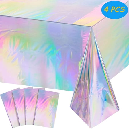 XKDOUS 4 Pack Iridescent Tablecloths, Disposable Table Cloth 54 x 108 Inch , Tablecloths for Rectangle Tables, Party Table Cover Holographic Foil Tablecloth Party Decorations