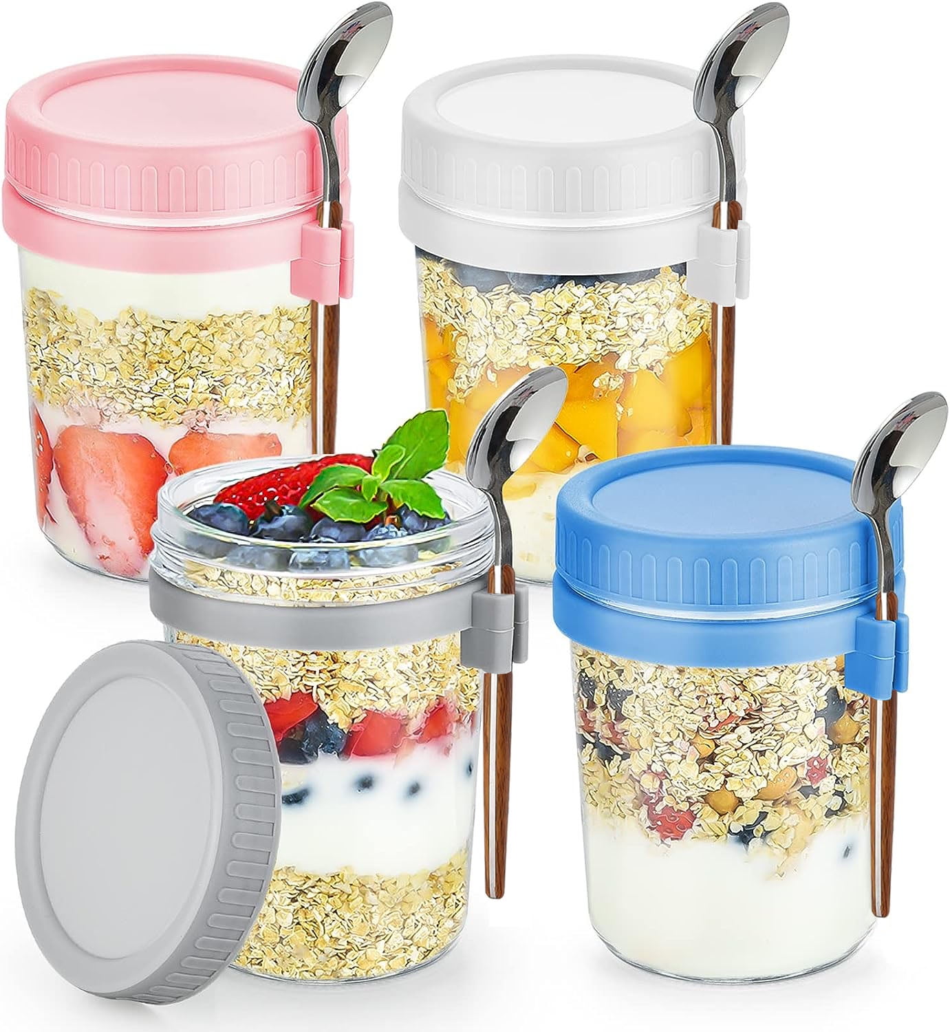 XKDOUS 4 Pack Overnight Oats Containers Jars with Lids and Spoon, 16 oz ...