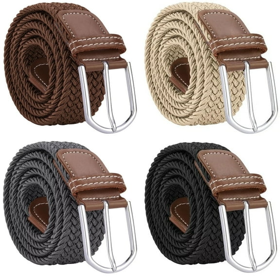 XKDOUS 4 Pcs Mens Stretch Belts, Mens Braided Woven Belt, Golf Belts Elastic Belt, Woven Casual Belt for Women Jeans Pants Dresses