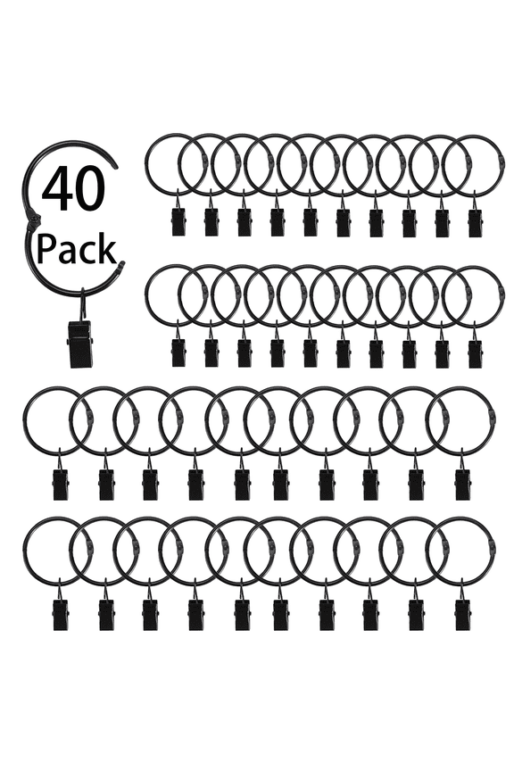 40 Pcs Shower Curtain Rings with Clips, Black Curtain Rings Metal Curtain Hooks, Snap Joint Design, 1.26 Inch