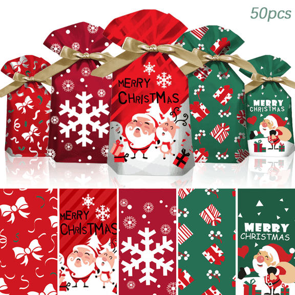 XKDOUS 50 Pack Christmas Treat Bags, 6x9Christmas Candy Bags with Drawstring, Cookie Bags Candy Goodies Gift Bags for Christmas Party Favor Wrapping Supplies