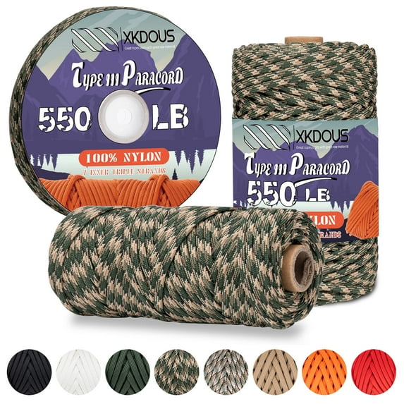 XKDOUS 550 Paracord 50ft Forest Camo Parachute Cord, 100% Nylon 7 Strand Inner Core Type III Tactical Paracord Rope, Outside Survival Gear for Bracelets, Lanyards, Handle Wraps, Camping & Hiking