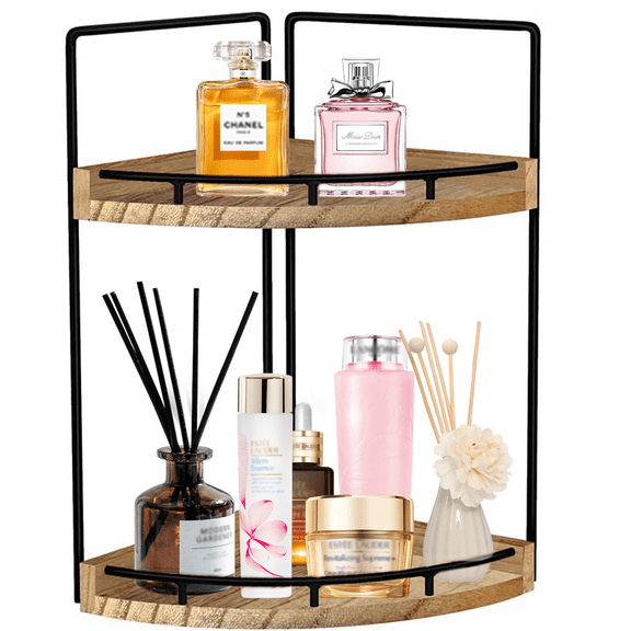 XKDOUS Bathroom Counter Organizer, 2-Tier Bathroom Corner Shelf Wooden Vanity Organizer, Countertop Bathroom Storage for Bathroom and Kitchen Storage Dresser Decoration