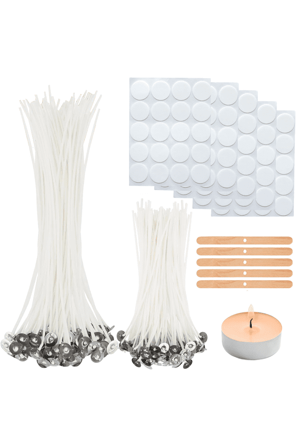 Candle Wicks 200 Pcs (6 inch, 8 inch) with 100Pcs Candle Wick Stickers and 5 Pcs Wooden Candle Wick, Candle Wicks for Candle Making, Candle Making Supplies
