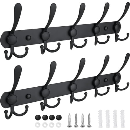 XKDOUS Coat Rack Wall Mount 2 Pack, Wall Hook Rack with 5 Tri Hooks, Metal Wall Hanger Coat Rack, Wall Mount Coat Hanger for Hat Towel Purse Robes