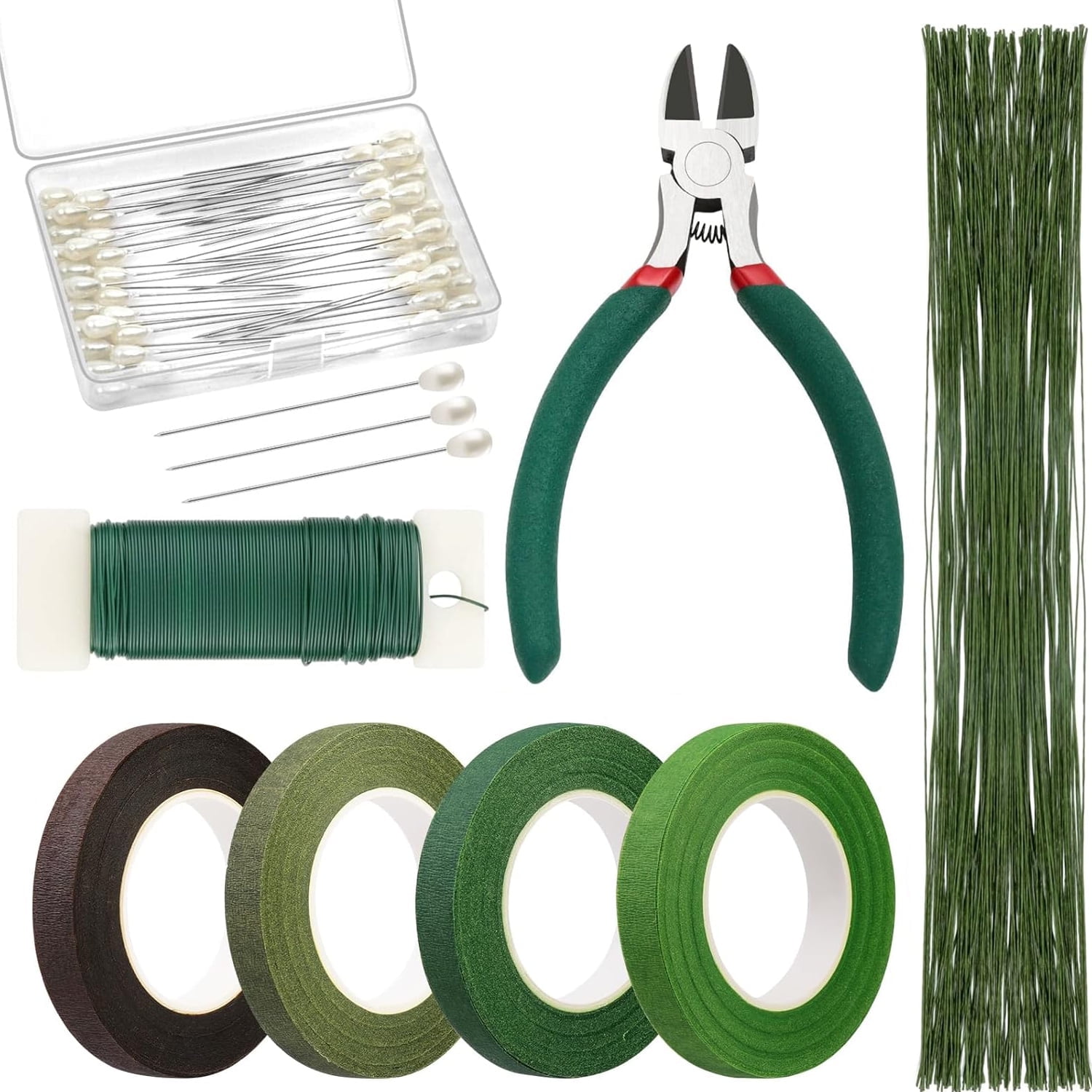 XKDOUS Floral Tape and Floral Wire, Floral Arrangement Kit with Green Floral Tape and Floral Wire, Boutonniere Flower Pin, Wire Cutter for Wreath Making Supplies