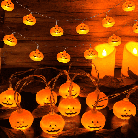 XKDOUS Halloween Pumpkin String Lights, 30 LED 15 FT 3D Waterproof Orange Jack-O-Lantern Battery Operated Lights, 2 Modes Steady/Flickering Light for Indoor Outdoor Party Decor