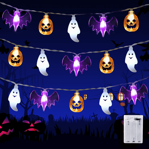 XKDOUS Halloween String Lights, 15 FT 30 LED 3D Pumpkin Bat Ghost Halloween Decor Lights, Battery Operated 2 Lighting Modes Twinkle and Light, Halloween Decorations Lights Indoor Outdoor
