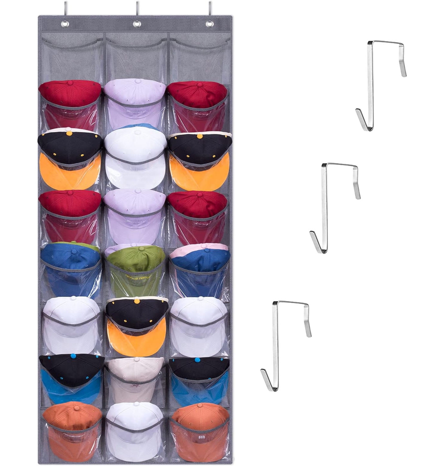 XKDOUS Over the Door Cap Organizer 24 Pockets Baseball Hat Rack Hanging Hat Organizer Hat Holder Over Door Cap Storage with 3 Hooks Gray