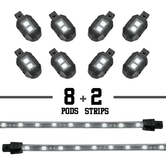 XKGlow Motorcycle LED Light Strip (8 x Pods + 2 x 8" Strips), Multiple Colors