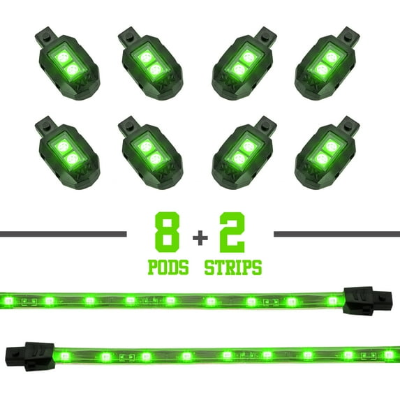 XKGlow Motorcycle LED Light Strip (8 x Pods + 2 x 8" Strips), Multiple Colors